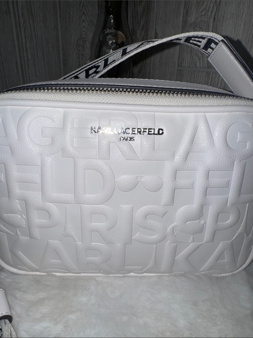 Karl Lagerfeld White Textured Logo Crossbody with Branded Strap - Picture 2 of 10